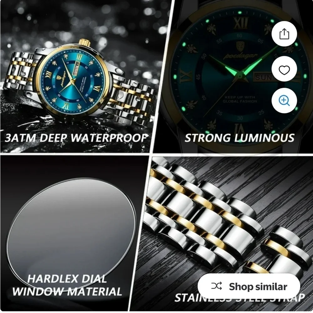 POEDAGAR Men's Watch Date Week Waterproof Luminous Quartz Stainless Steel Black